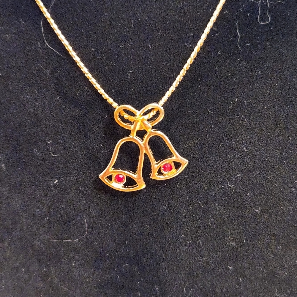 Avon Gold-Tone Double Bell Necklace with Red Stones